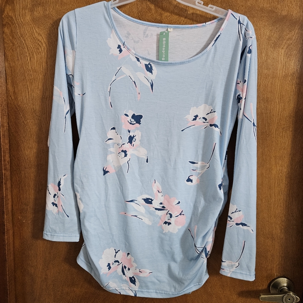 Maternity Long Sleeve Floral Ruched Side Top | Large | Blue and Pink NWT